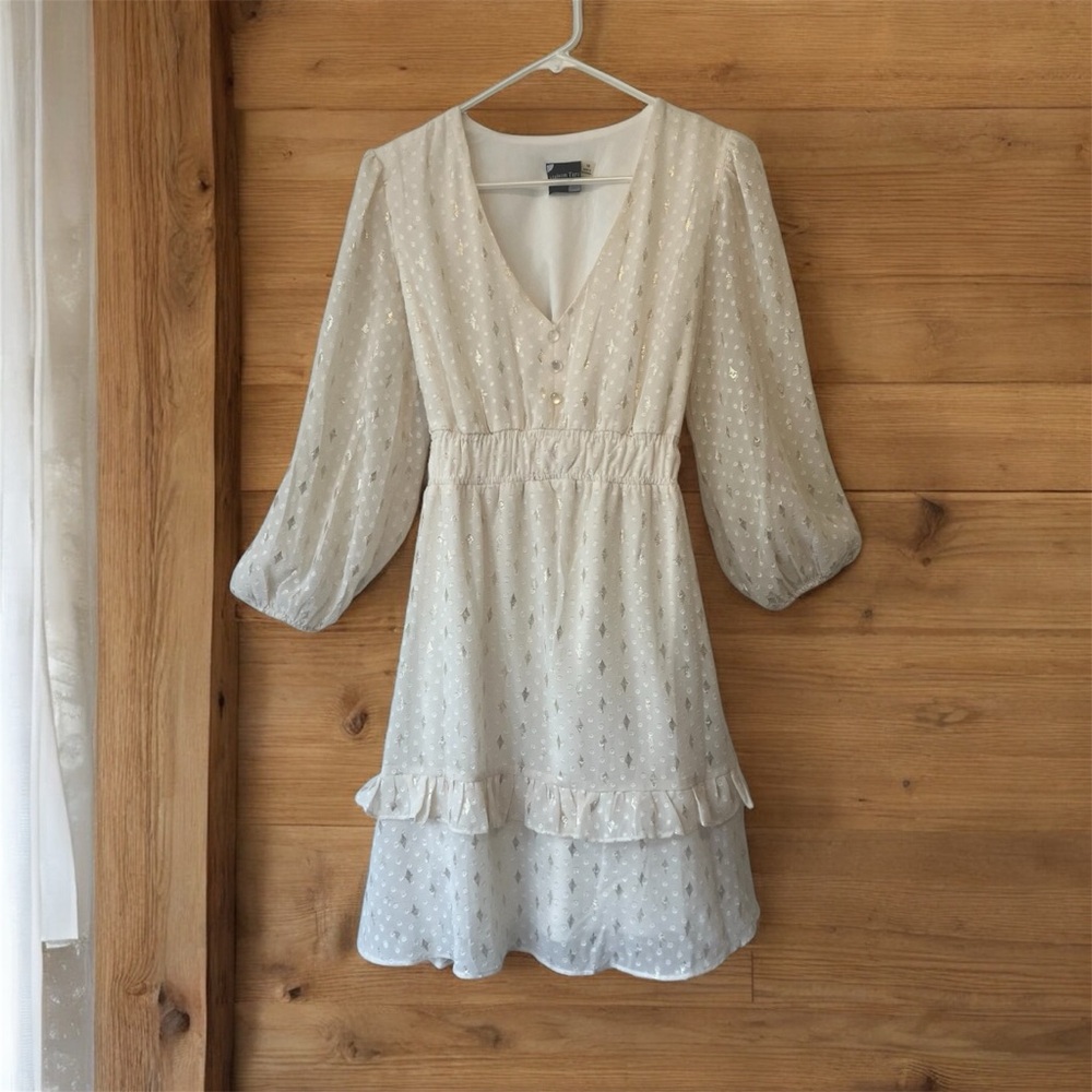 Maison Tara Fit & Flare Chiffon Dress Size 10 Foil Clip Dot 3/4 Sleeve